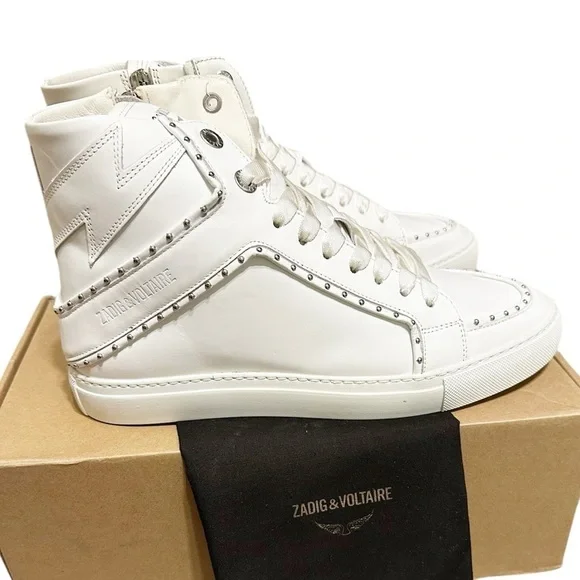 NIB ZADIG & VOLTAIRE High Flash Sneaker Studded High Top White Leather 41 US 10 - Picture 4 of 11